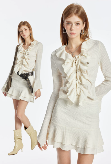 Cream White Ruffle Lace Up Long Sleeve Mini Dress Women Fall High Waist French Style R9387