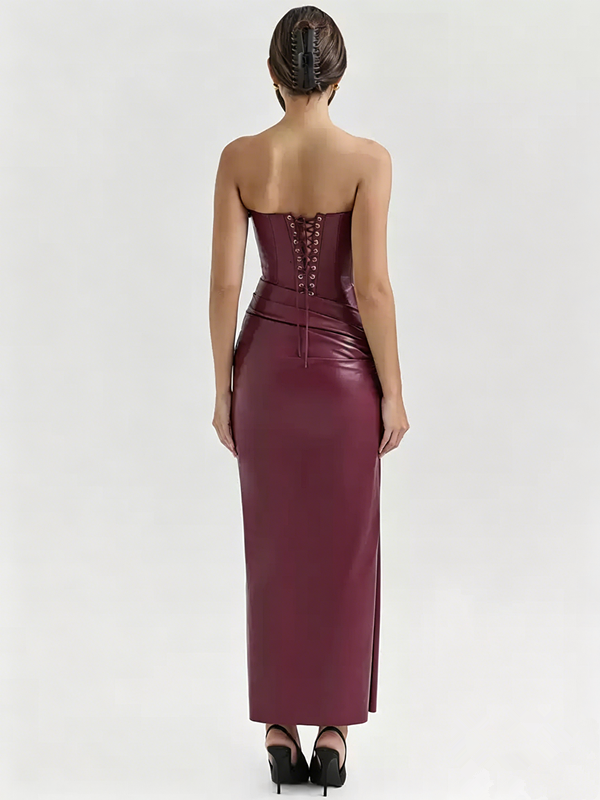 Elegant Pink Satin Strapless Long Dress with Tie Back Detail R9136