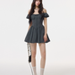 Grey French-Style Puff Sleeve Mini Dress, Square Neck High Waist A-Line Sundress R9378