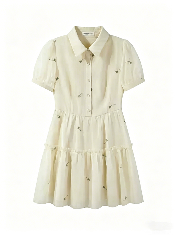 Cream White Embroidered Shirt Dress with Puff Sleeves & Tiered Skirt R9177