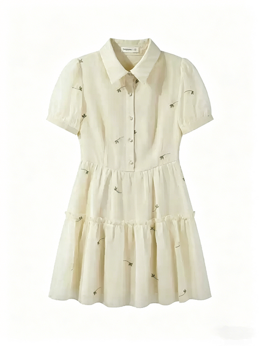 Cream White Embroidered Shirt Dress with Puff Sleeves & Tiered Skirt R9177