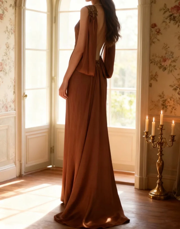 Brown satin backless sexy and elegant long ball gown R6727