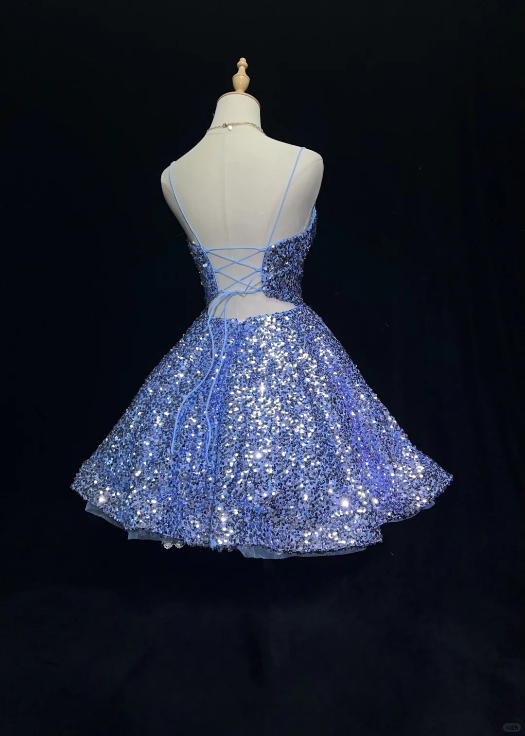 Blue suspender sequined backless waist A-line puffy princess dress homecoming dress R4955