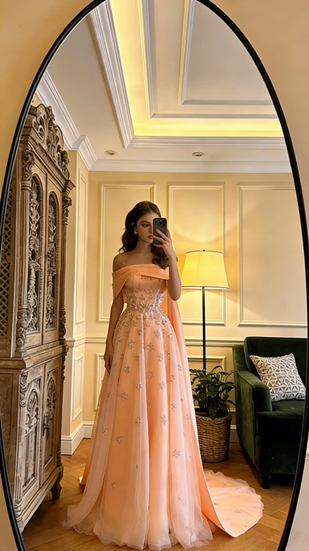 Light yellow off-the-shoulder fitted long ball gown, bridal dress R8598
