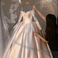 White elegant satin strap one shoulder puffy skirt bridal dress R5694