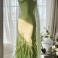 Light green halter-neck fitted long ball gown R7682