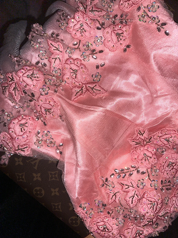 Pink strapless rhinestone high-waisted elegant fairy long ball gown R6926