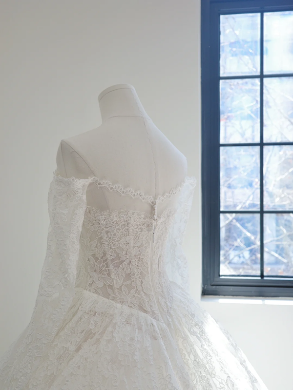 White off-the-shoulder, fitted waist, full skirt, long ball gown R8510