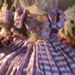 Purple square-neck ball gown with puff sleeves, a cinched waist and a voluminous skirt; bridal gown R7279