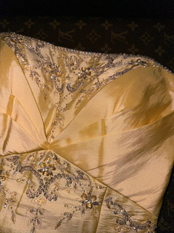 Gold strapless cinched waist ball gown R6966