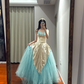 Champagne-colored strapless, fitted, long ball gown with a lake blue skirt R8853