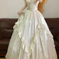 White Spaghetti-Strap Waist-Cinched Puffy-Hem Ball Gown, Bridal Gown R7320