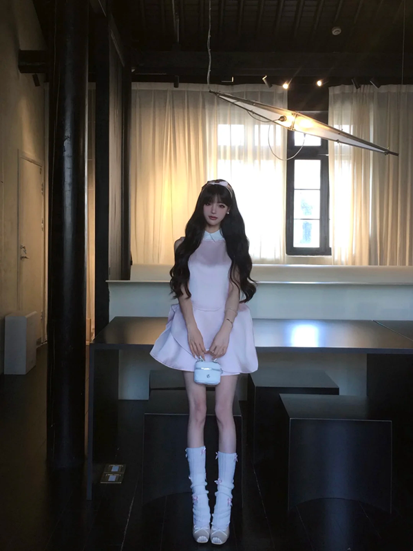 Pink satin sleeveless waist slim fit temperament princess skirt homecoming dress R5076