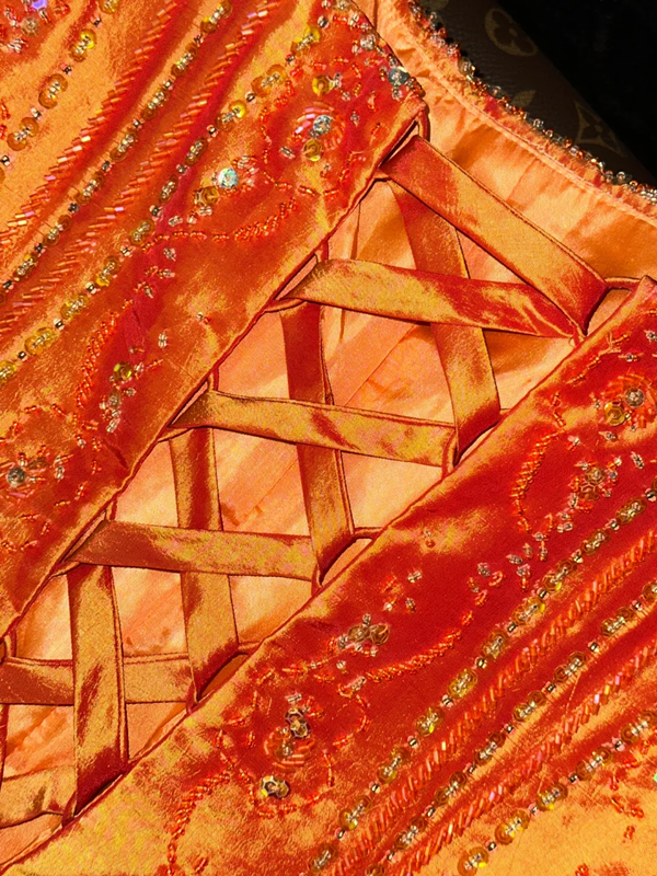 Orange halter-neck fitted long ball gown R7006