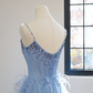 Blue halter-neck fitted waist long ball gown with feather skirt R8452