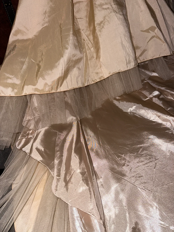 Champagne-colored strapless, fitted waist, asymmetrical hem ball gown R7046