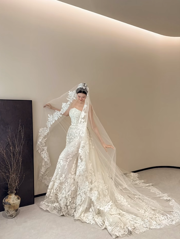 White strapless lace waist slim sexy fishtail long dress bridal gown R6028