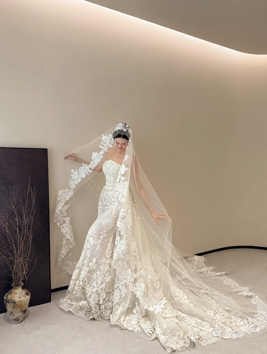 White strapless lace waist slim sexy fishtail long dress bridal gown R6028