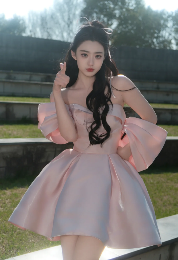 Pink Strapless One Shoulder Satin Waist Puffy Skirt Homecoming Dress R4184