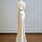 Champagne-colored satin fitted backless bodycon long ball gown R8161