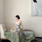 Light green halter-neck fitted floral maxi skirt ball gown R8051