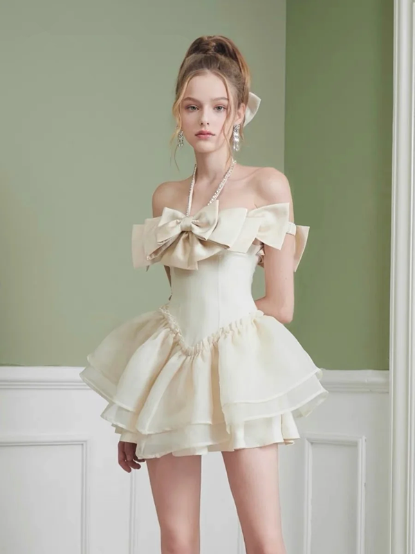 Brown halter neck one shoulder bow neckline mini skirt homecoming dress R5367