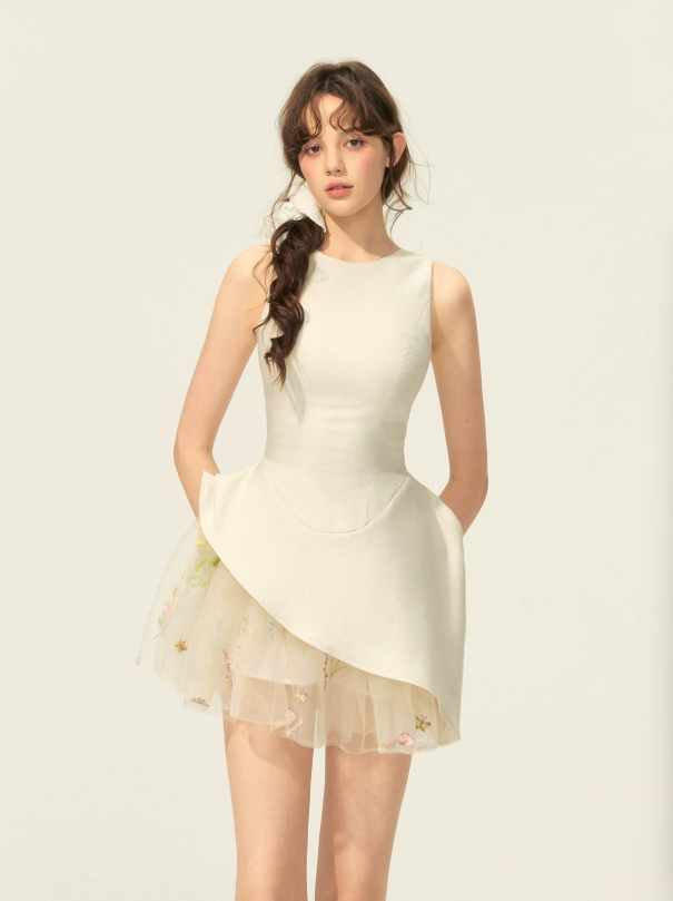 White Sleeveless Peplum Dress with Sheer Embroidered Tulle Underskirt R9220