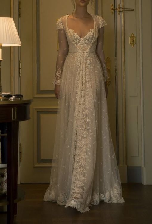 A Line White Tulle Lace Long Sleeves Sexy Wedding Dress      S6946