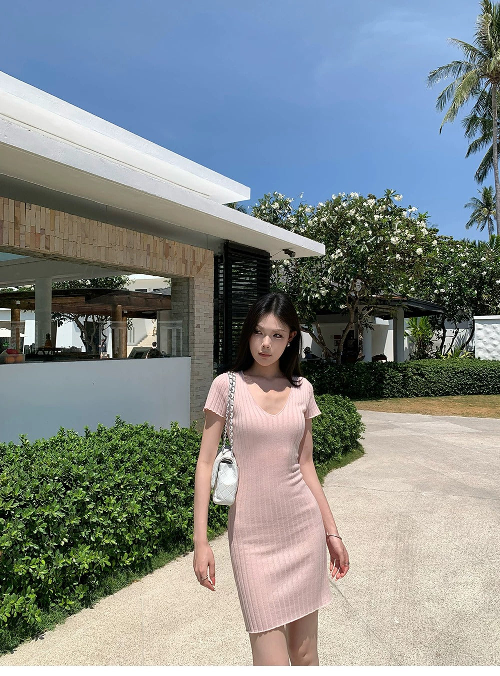 Casual Minimalist Ribbed Bodycon Mini Dress V-Neck Solid Color Knit R9189