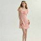 Pink Floral Print Mini Dress Women With Puff Sleeves And Square Neck R9481