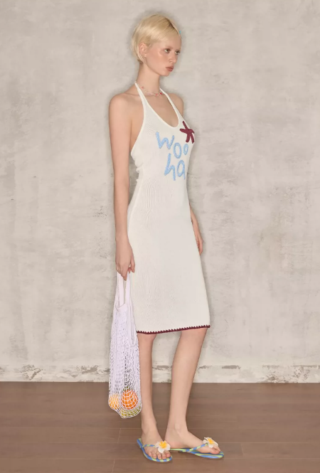 Fairycore White Knitted Halter Dress With "Woo Ha" Embroidery And Bodycon Fit R9280