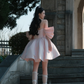 Pink Strapless One Shoulder Satin Waist Puffy Skirt Homecoming Dress R4184