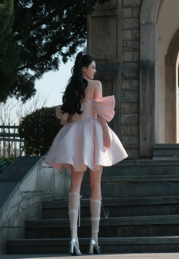 Pink Strapless One Shoulder Satin Waist Puffy Skirt Homecoming Dress R4184