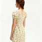 Beige Floral Print Mini Dress Women With Puff Sleeves And Square Neck R9467
