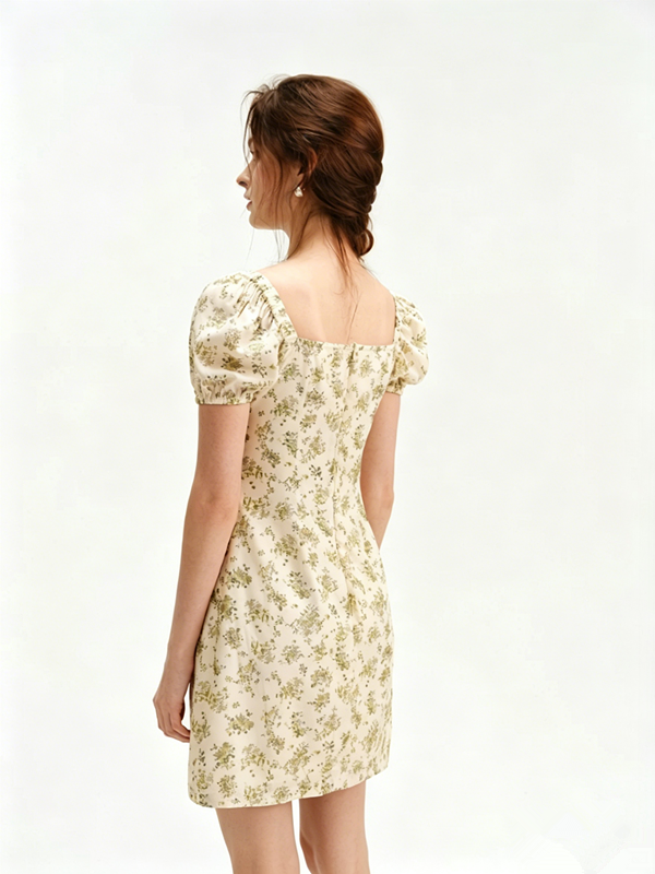 Beige Floral Print Mini Dress Women With Puff Sleeves And Square Neck R9467