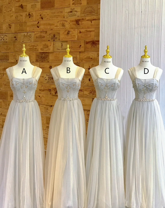 Light blue spaghetti-strap waist-cinched slim-fit ball gown, bridesmaid dress R5928