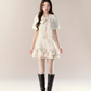 White short-sleeved slim waist A-line short skirt homecoming dress R5397