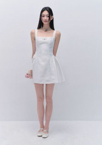 White French Hepburn Style Mini Dress Women With Square Neck And Bow Detail R9411
