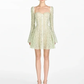 Light green floral long sleeve slim waist A-line long skirt homecoming dress R4792