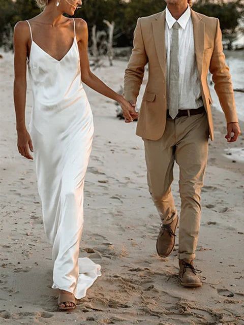 Column Spaghetti Straps V Neck Sleeveless Wedding Dress Formal Women's Dresses        S6965