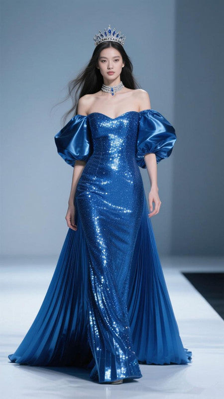 Blue one-shoulder slim waist hip fishtail long dress, prom dress R5337