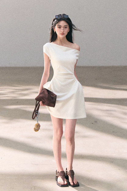 Off-White Off-Shoulder Mini Dress Women Ruched Waist A-Line Dress with Pockets R9361
