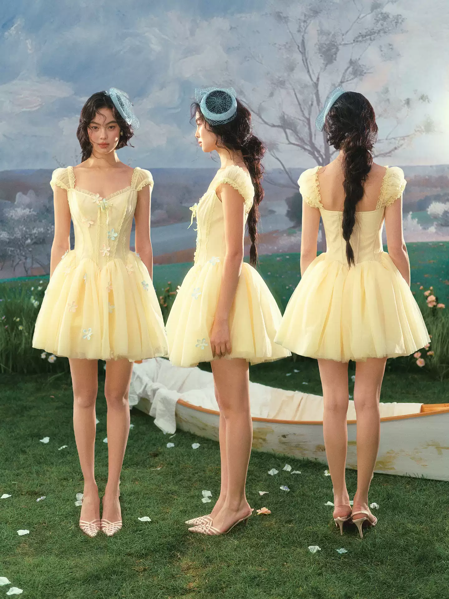 Romantic Princess Tulle Mini Dress Sweetheart Neck Lace Trim 3D Flower Applique Satin R9192