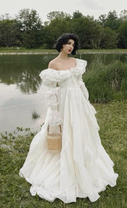A Line Vintage Off Shoulder Long Wedding Dress     S7075