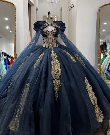 A Line Appliques Tulle Quinceanera Dresses With Cape Ball Gown Sweet Sixteen Prom Party Dresses       S7166