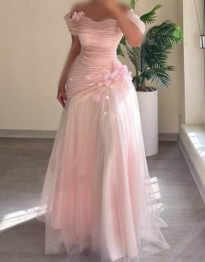 Sweet Tulle Applique Prom Gown , Blush Pink Women's Maxi Evening Dress Birthday Dress RS2696