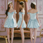 Princess Core Blue Satin Off-Shoulder Dress with Pearl Trim R9202