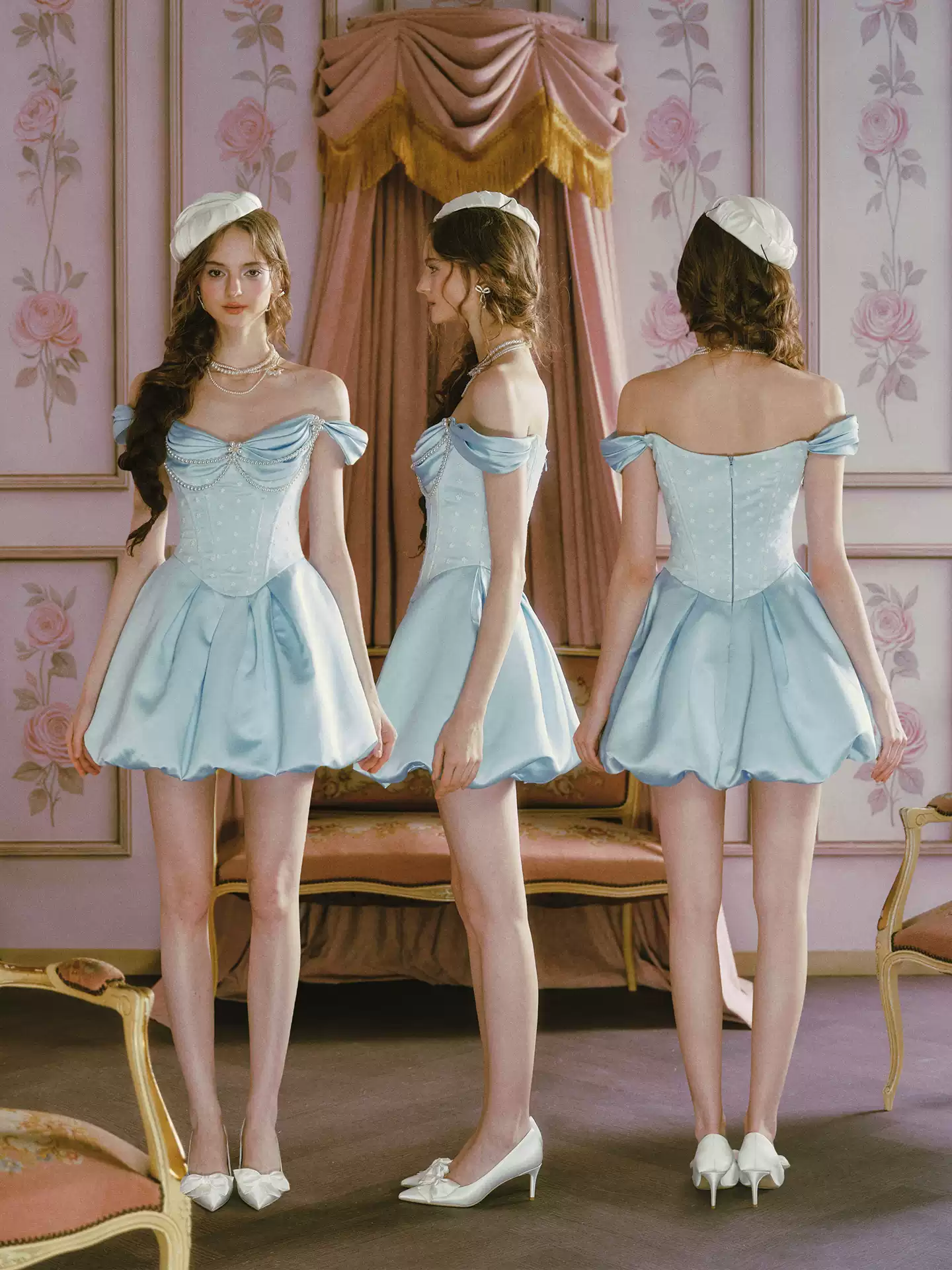 Princess Core Blue Satin Off-Shoulder Dress with Pearl Trim R9202