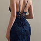 Vintage Mermaid Straps Birthday Party Dresses Navy Blue Lace Prom Dresses         S7147