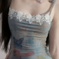 Oil Painting Print Mesh Cami Mini Dress Women With Lace Trim And Tie Straps R9417